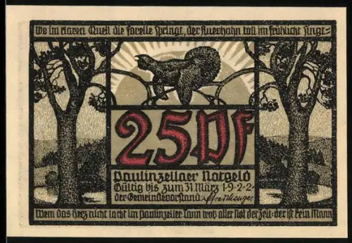 Notgeld Paulinzella 1922, 25 Pf, Eichhörnchen und Ortsansicht im Wald