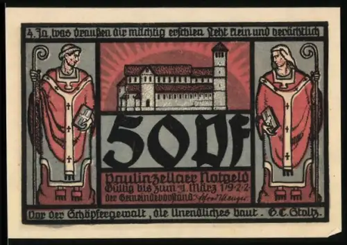 Notgeld Paulinzella 1921, 50 Pf, Abtei mit Mönchen und Klosterruine