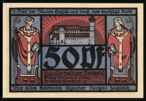 Notgeld Paulinzella 1922, 50 Pf, Klosterabbildung und historische Figuren