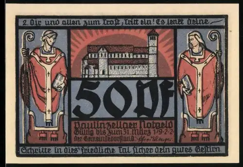 Notgeld Paulinzella 1922, 50 Pf, Klosteransicht und Arkadenmotiv