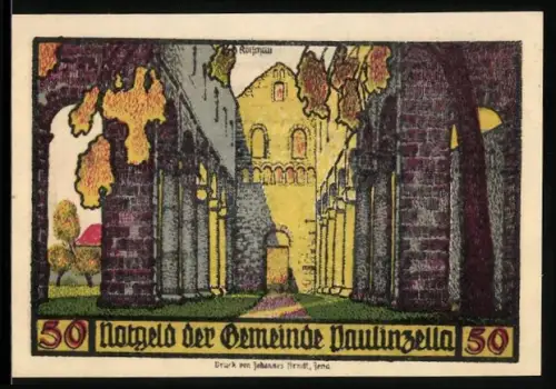 Notgeld Paulinzella 1922, 50 Pf, Klosterruine und zwei Heiligenfiguren mit Klosteransicht
