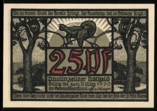 Notgeld Paulinzella 1922, 25 Pf, Auerhahn und Fachwerkgebäude