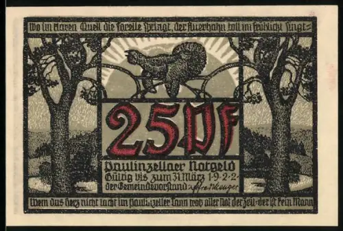 Notgeld Paulinzella 1922, 25 Pf, Hahn auf Ast und Ortsansicht mit bewaldeter Hügelkette