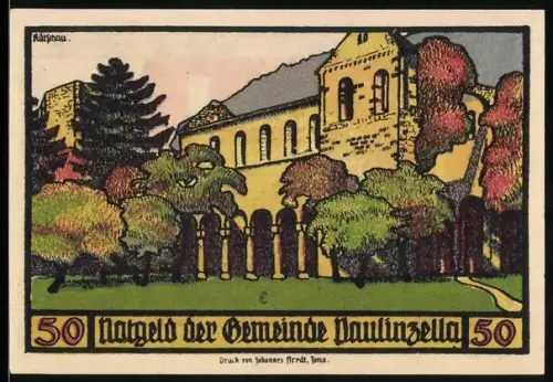 Notgeld Paulinzella 1922, 50 Pfennig, Kloster und Heilige in roten Gewändern