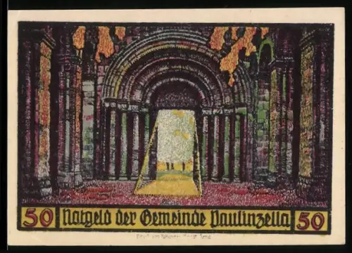 Notgeld Paulinzella 1922, 50 Pf, Klostermotiv mit Bögen und zwei Geistlichen