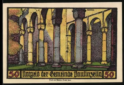 Notgeld Paulinzella 1922, 50 Pf, Klosterruine und Heilige mit Abteigebäude