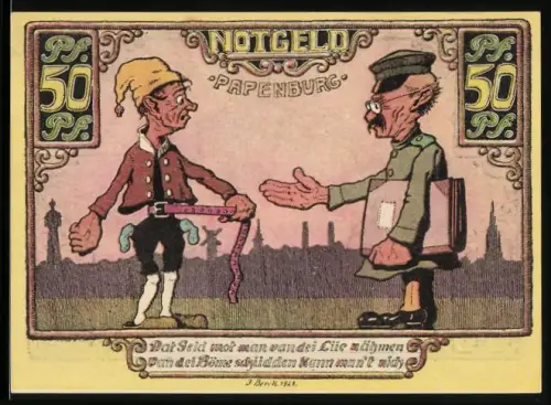 Notgeld Papenburg 1921, 50 Pf, humoristische Szene mit Schneider und Kunde