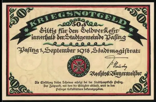 Notgeld Pasing 1918, 50 Pfennig, Drachenkampf und Stadtwappen