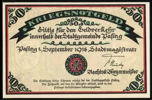 Notgeld Pasing 1918, 50 Pfennig, Ritter auf Pferd mit Drachen und Wappen