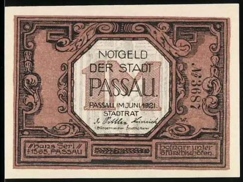 Notgeld Passau 1921, 1 Mark, Hans Erl mit Axt und Inschrift auf beiden Seiten