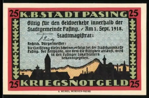 Notgeld Pasing 1918, 25 Pf., Stadtsilhouette und Wappen mit Adler und Turm