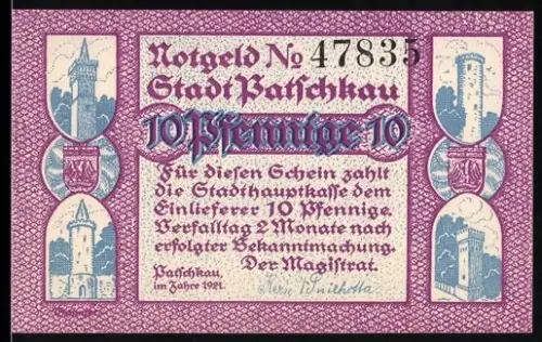 Notgeld Patschkau 1921, 10 Pfennig, Stadtansichten und Feuerwehrmotive