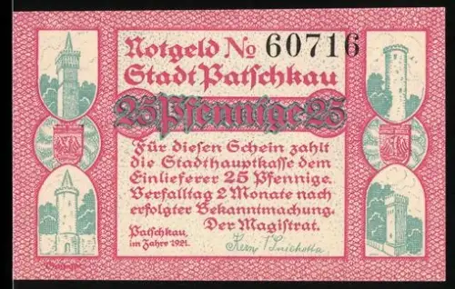 Notgeld Patschkau 1921, 25 Pfennig, Ortsansicht mit Türmen und Wappen, Vogel und gotische Architektur