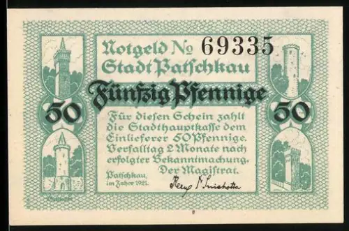 Notgeld Patschkau 1921, 50 Pfennig, Türme und Gymnasium-Gebäude