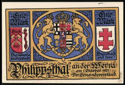 Notgeld Philippsthal a.d. Werra 1921, 1 Mark, Wappen und mittelalterliche Szenen