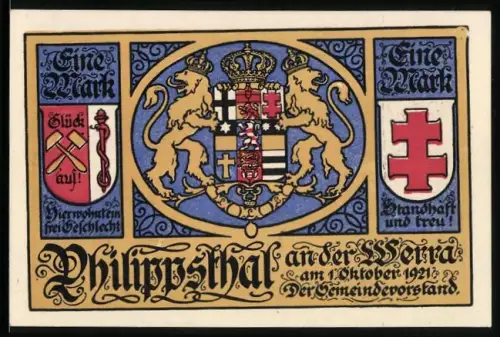 Notgeld Philippsthal a.d. Werra 1921, 1 Mark, Wappen mit Löwen, Marktplatz, Kind beim Ballspiel
