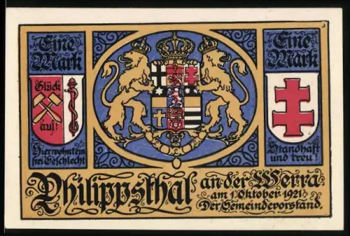 Notgeld Philippsthal a.d. Werra 1921, 1 Mark, Wappen mit Löwen und Häuser in Landschaft