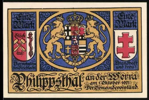 Notgeld Philippsthal a.d. Werra 1921, 1 Mark, Wappen mit Löwen und historische Schlossansicht