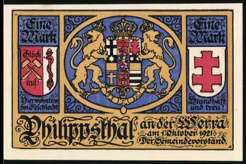 Notgeld Philippsthal a.d. Werra 1921, 1 Mark, Wappen mit Löwen, Rathaus, Schwert und Ortsdiener