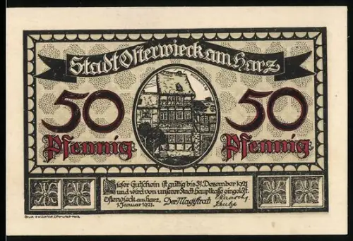 Notgeld Osterwieck am Harz 1921, 50 Pfennig, Fachwerkhaus und mittelalterliche Szene mit Wappen