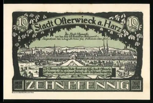 Notgeld Osterwieck a. Harz 1921, 10 Pfennig, Ortsansicht und Wappen