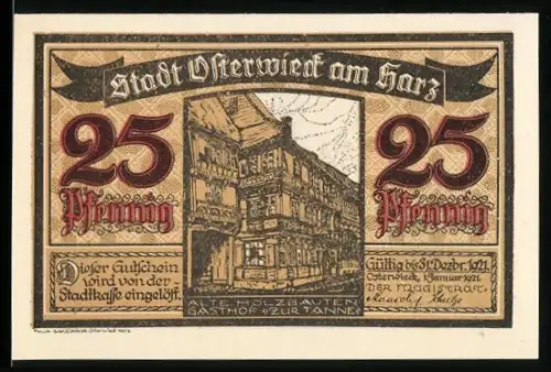 Notgeld Osterwieck am Harz 1921, 25 Pfennig, Fachwerkhäuser und Wappen mit Rosenmotiv