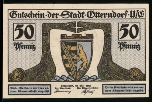 Notgeld Otterndorf /U.E. 1920, 50 Pfennig, Wappen und Innenhafen-Szene