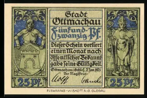 Notgeld Ottmachau i. Schl. 1921, 25 Pf, Krieger und Heiliger, Rathausabbildung