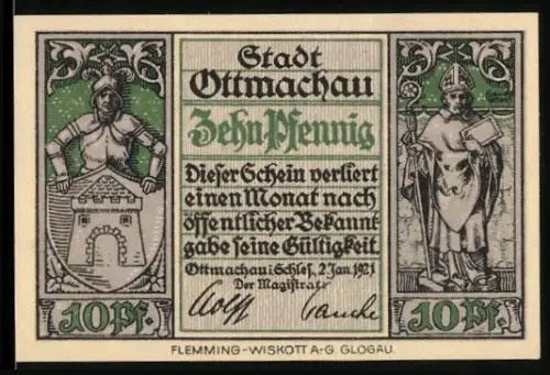 Notgeld Ottmachau /Schles. 1921, 10 Pfennig, Ritter und Bischof, Ortsansicht mit Mauern