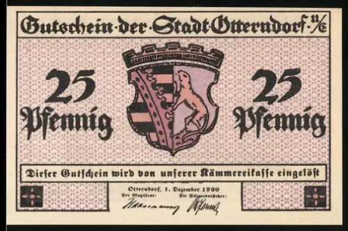 Notgeld Otterndorf /U.E. 1920, 25 Pfennig, Wappen und Segelschiffe im Hafen