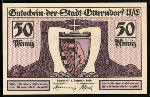Notgeld Otterndorf /U.E. 1920, 50 Pfennig, Wappen und Ortsansicht des Innerhafens mit Schiffen
