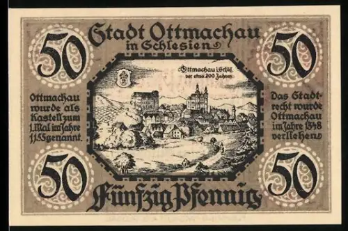 Notgeld Ottmachau /Schles. 1921, 50 Pfennig, Ortsansicht und mittelalterliche Figuren