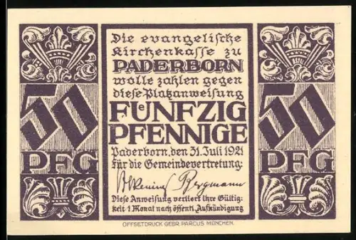 Notgeld Paderborn 1921, 50 Pfennig, Abdinghofkirche mit Orgelansicht