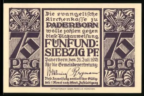Notgeld Paderborn 1921, 75 Pfennig, Abdinghofkirche Westansicht und florale Ornamente