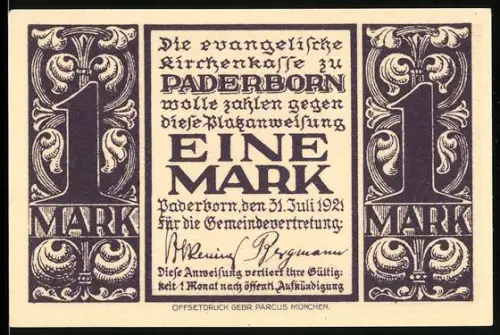 Notgeld Paderborn 1921, 1 Mark, Abdinghofkirche Innenansicht