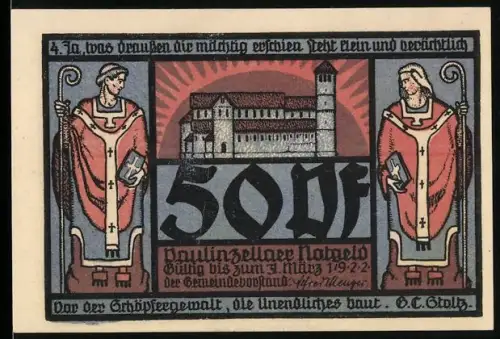 Notgeld Paulinzella 1922, 50 Pf, Kloster mit zwei Bischöfen und Kirchenruine