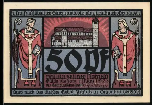 Notgeld Paulinzella 1921, 50 Pf, Klosteransicht und zwei Geistliche mit Buch und Stab