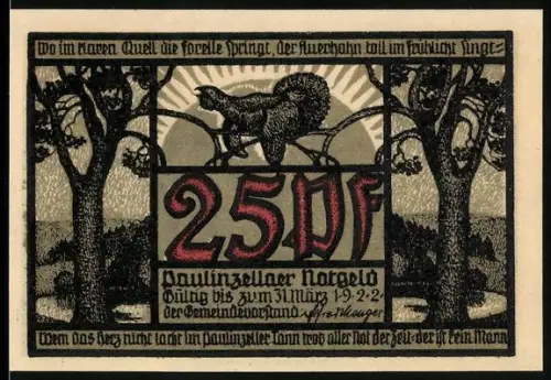 Notgeld Paulinzella 1922, 25 Pf, Hahn auf Ast und Fachwerkgebäude