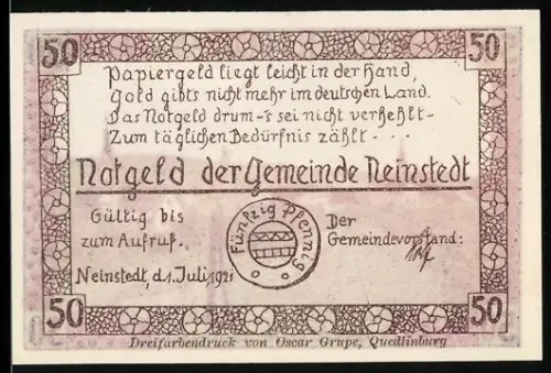 Notgeld Neinstedt a.H. 1921, 50 Pfennig, Landschaftsansicht der Neinstedter Anstalten