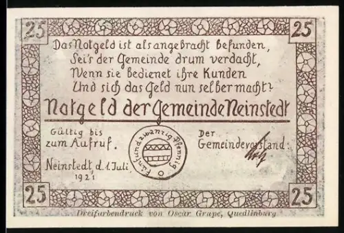 Notgeld Neinstedt a. H. 1921, 25 Pfennig, Am Bodewehr, Landschaftsmotiv