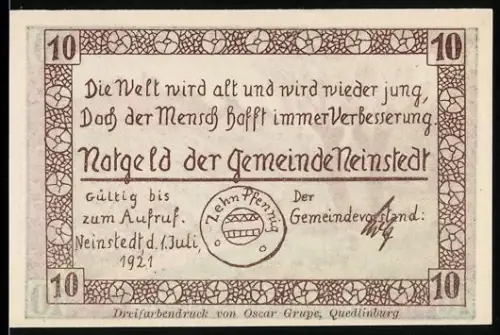 Notgeld Neinstedt a. H. 1921, 10 Pfennig, Landschaft mit Blick auf die Teufelsmauer