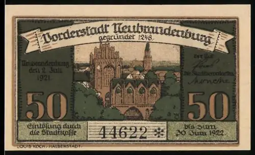 Notgeld Neubrandenburg 1921, 50 Pf., Ortsansicht mit Kirche und Rathaus, Wappen beidseitig