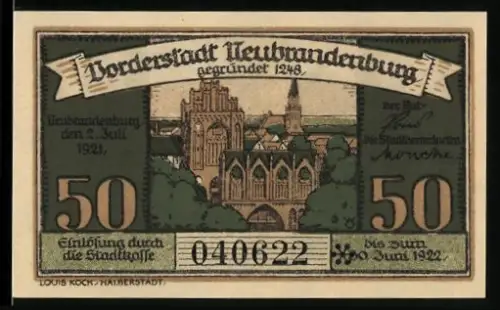 Notgeld Neubrandenburg 1921, 50 Pf., Stadtansichten und Wappen von Neubrandenburg