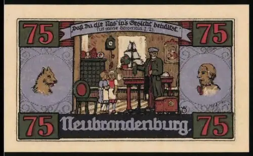 Notgeld Neubrandenburg 1921, 75 Pfennig, Familienszene und Versammlung im Ratskeller