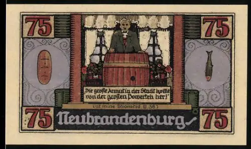 Notgeld Neubrandenburg 1921, 75 Pf., Versammlung im Ratskeller und Mann hinter Fass mit Brot und Fisch