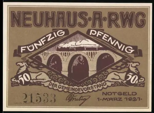 Notgeld Neuhaus a. Rwg. 1921, 50 Pfennig, Brücke und Kutsche mit Pferden, Wappen