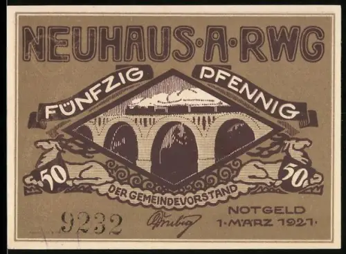 Notgeld Neuhaus a. Rwg. 1921, 50 Pfennig, Brücke und Pferdekutsche mit Wappen