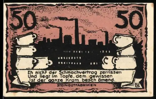 Notgeld Neuhaldensleben, 50 Pf, Steingutfabriken und Handschuhindustrie mit Stadtwappen