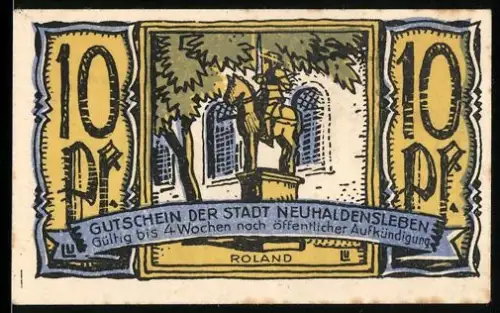 Notgeld Neuhaldensleben, 10 Pfennig, Rolandstatue und Pulverturm-Motiv