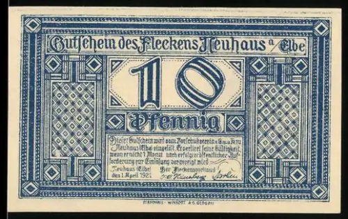 Notgeld Neuhaus a. Elbe 1921, 10 Pfennig, Geburtshaus des Afrikaforschers Dr. Karl Peters